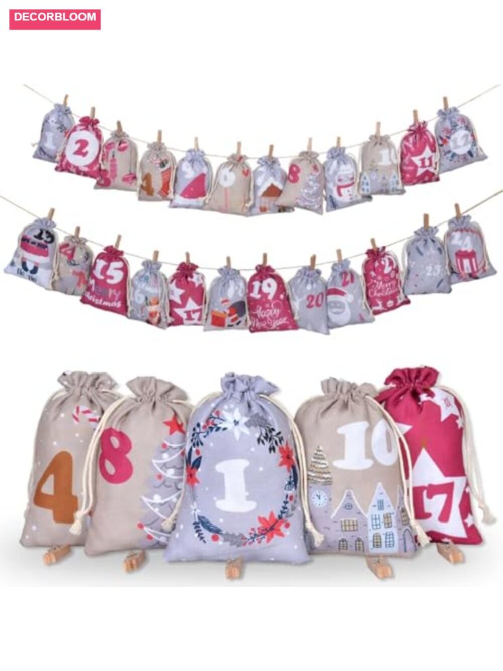 24 Pcs Christmas Advent Calendar Number Bags Drawstring Cloth Reusable